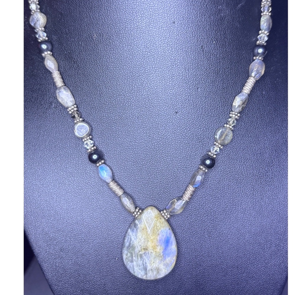 Sterling Silver Labradorite Hematite Crystal Teardrop Pendant Necklace 925 Boho